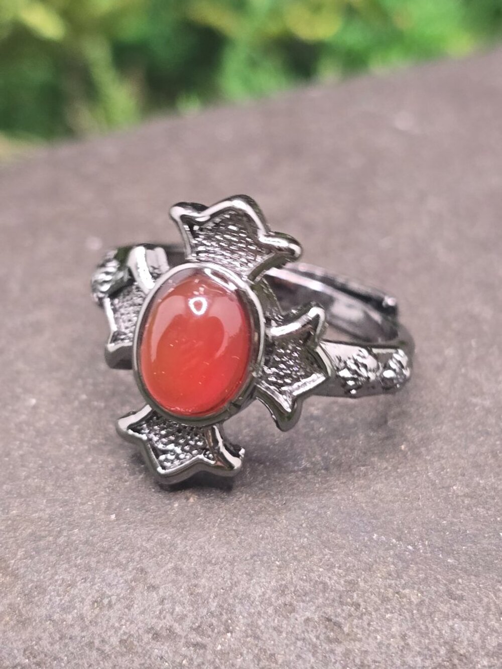 Carnelian Cross Adjustable Ring Size 6-10 Gunmetal Gemstone Jewelry